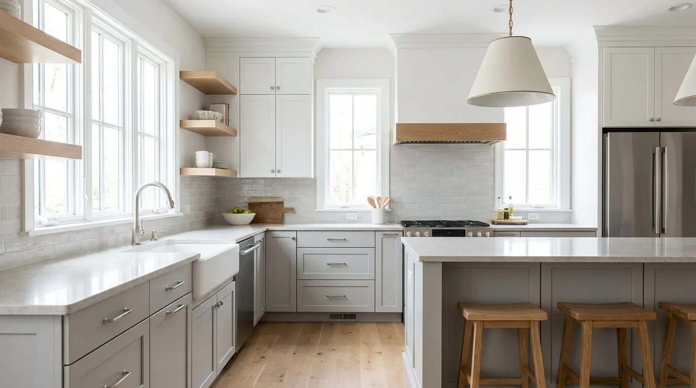 Matte black island with light gray kitchen cabinets