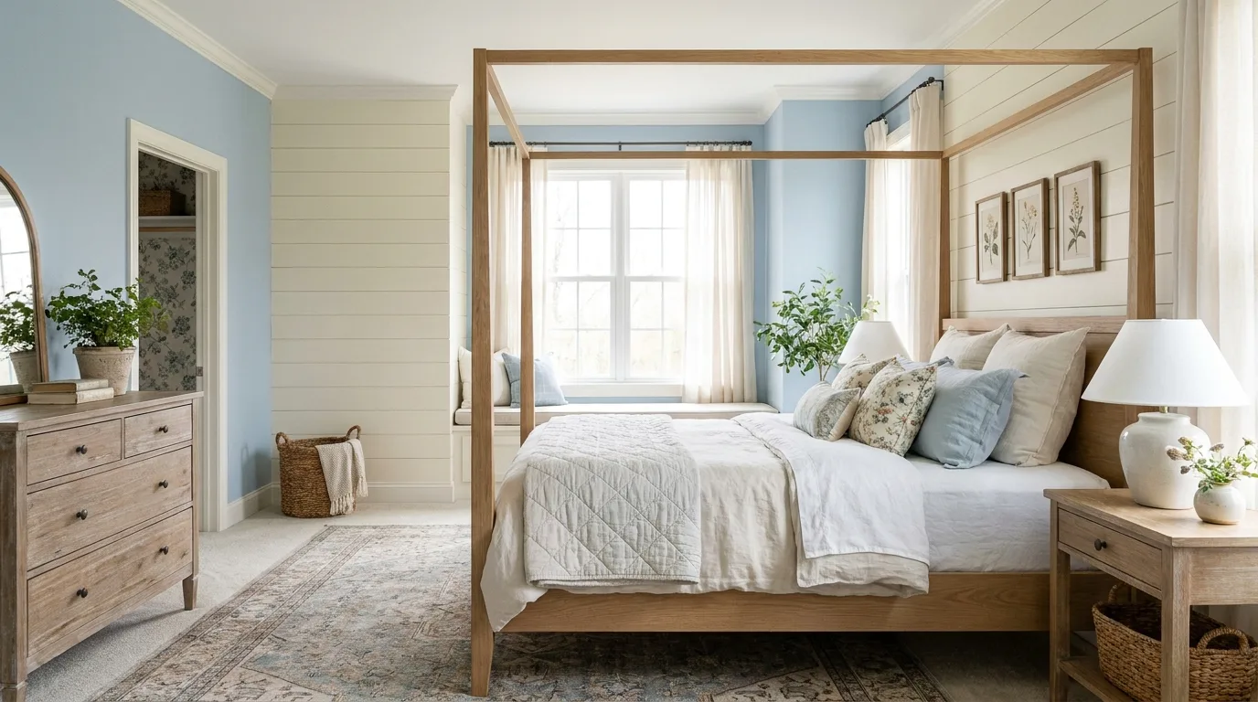 Cobalt blue and bright white bedroom feature wall