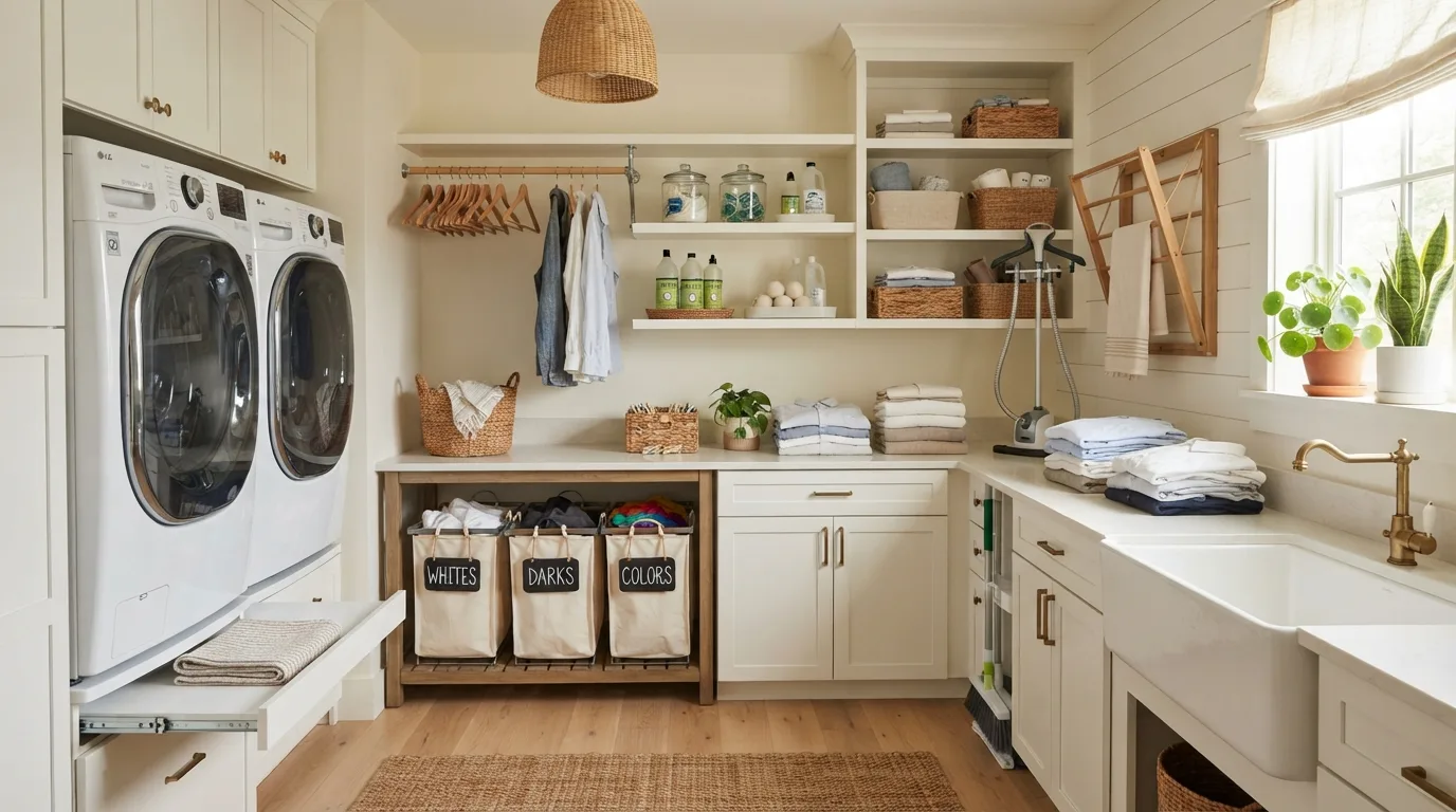 Efficient laundry room sorting and folding workflow