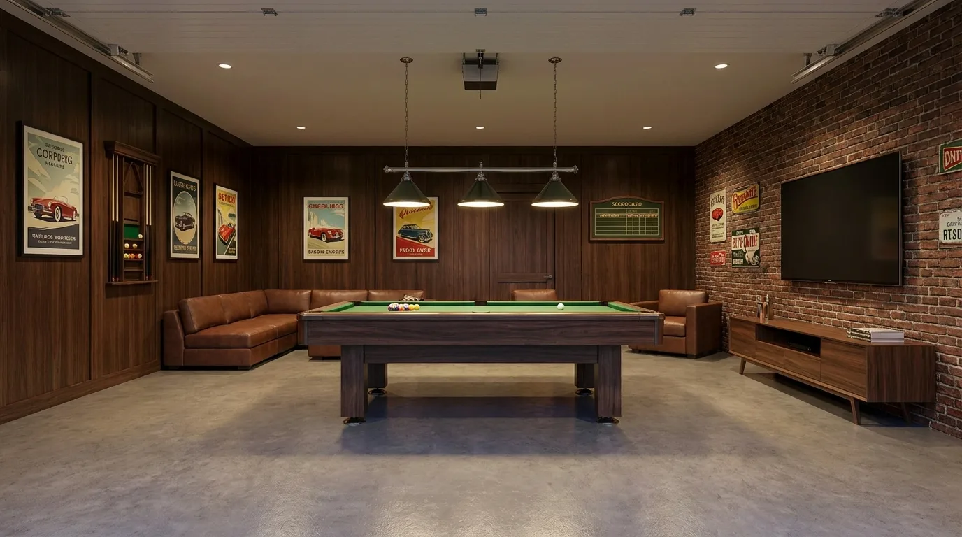 Rustic garage man cave with wood walls, leather sofa, warm lighting, and cabin décor