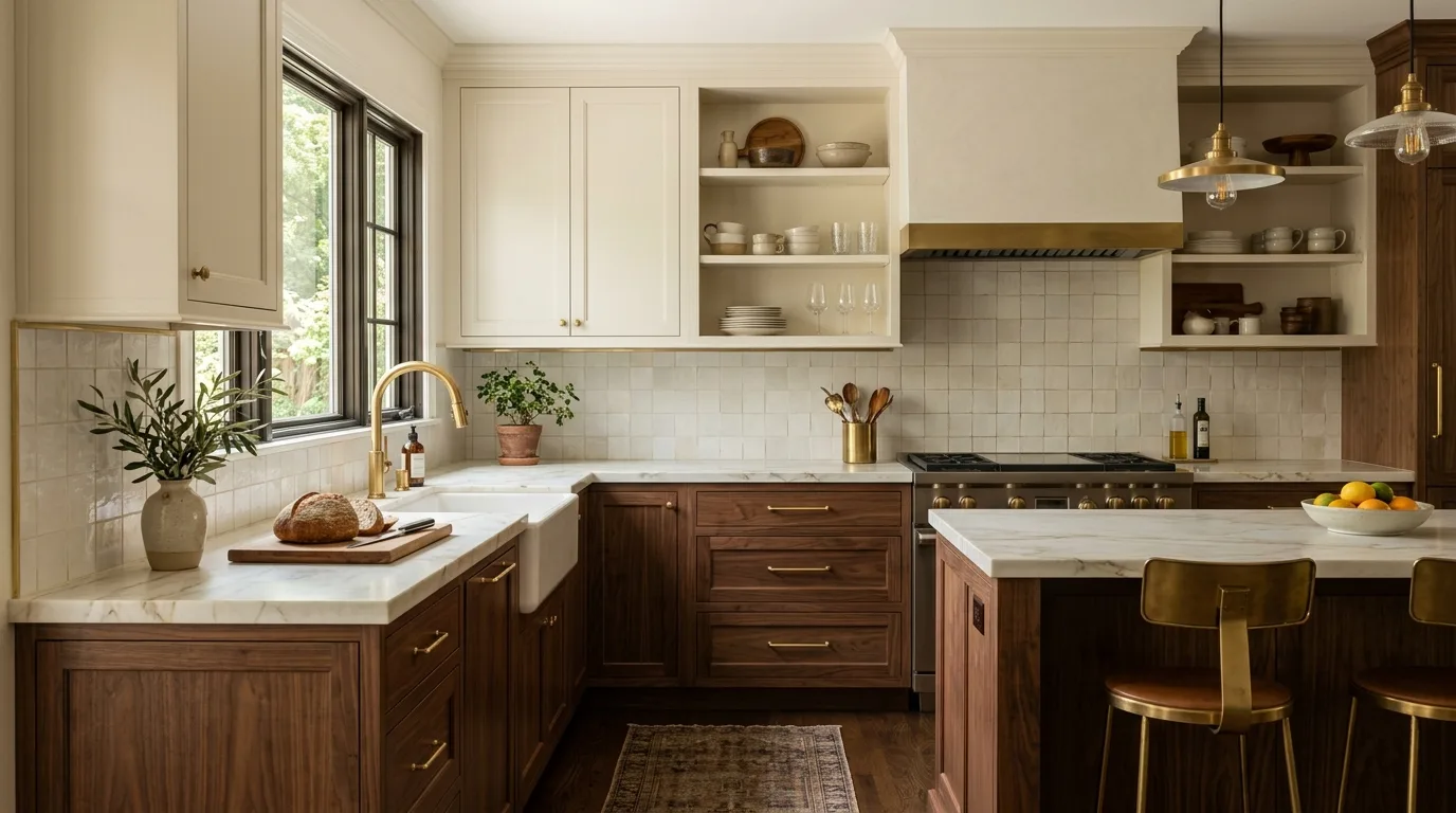 Terracotta and off-white two-color kitchen laminate cabinets