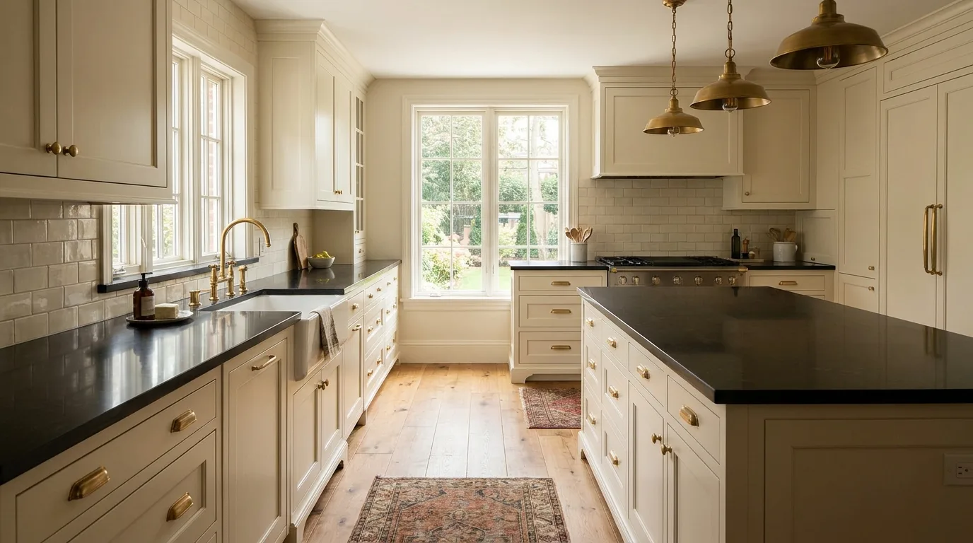 Cream cabinets with sophisticated black quartz countertops