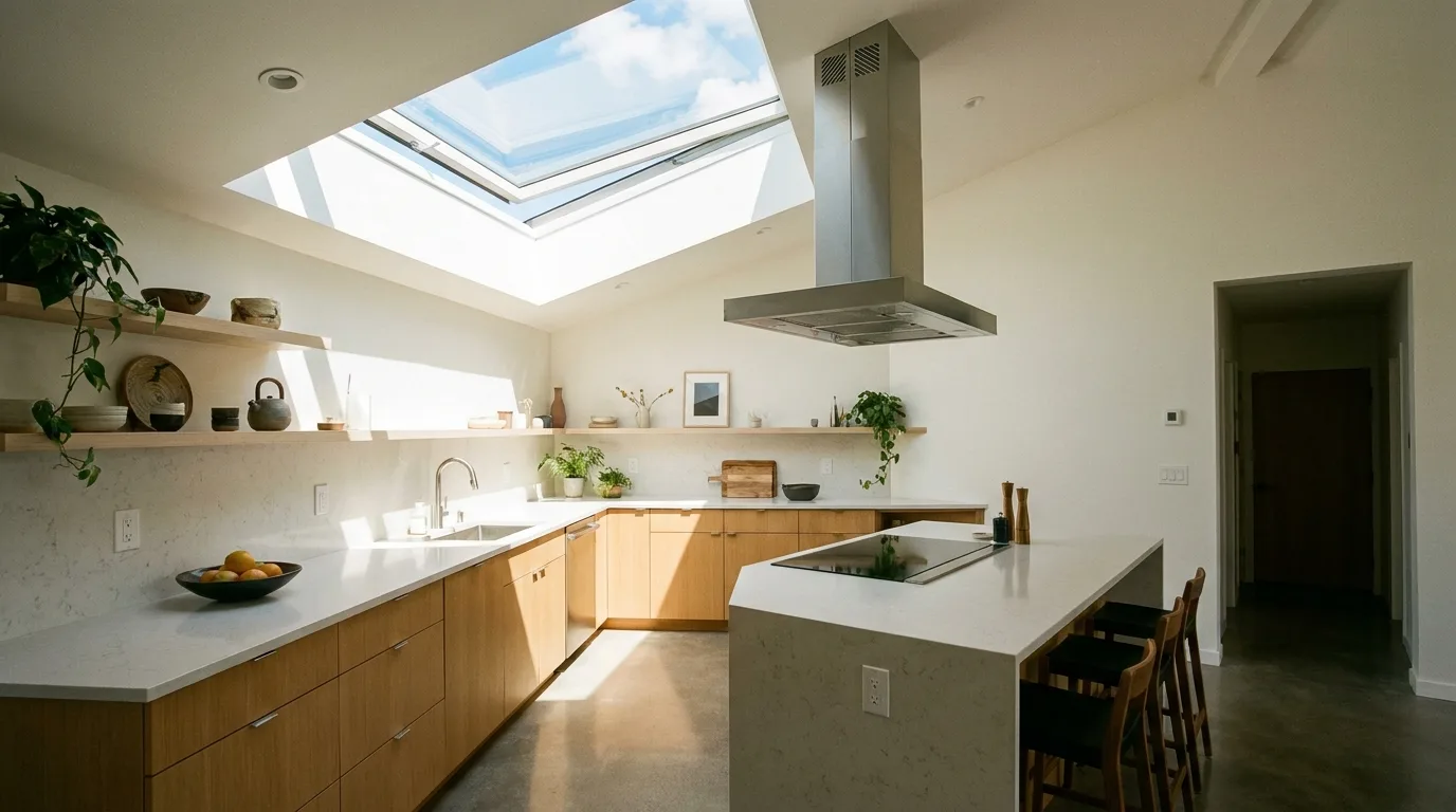 Guest room using a skylight to improve airflow and reduce stale odors