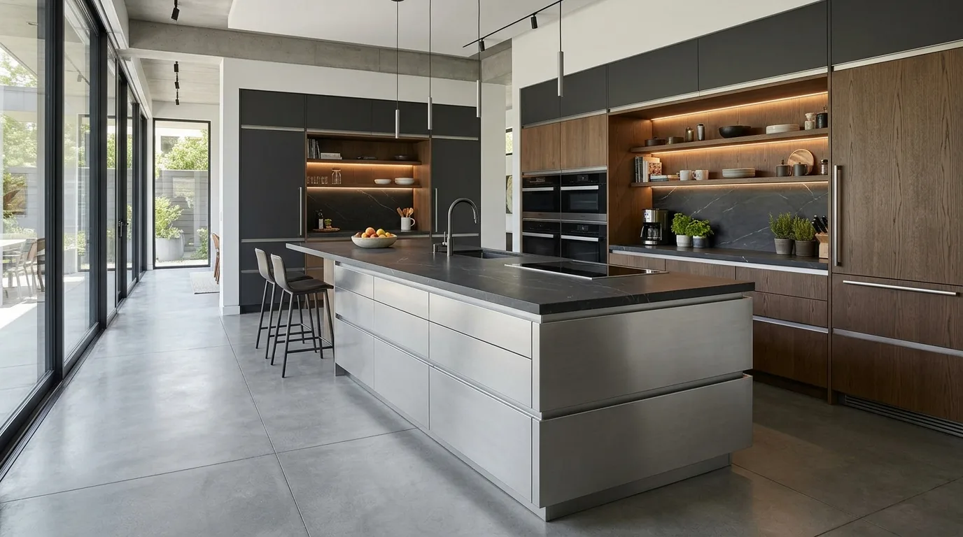 Navy blue aluminium kitchen cabinets with white countertops