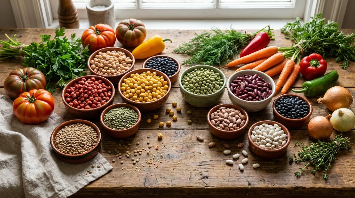 Fresh herbs, garlic, and spices for Mediterranean cooking