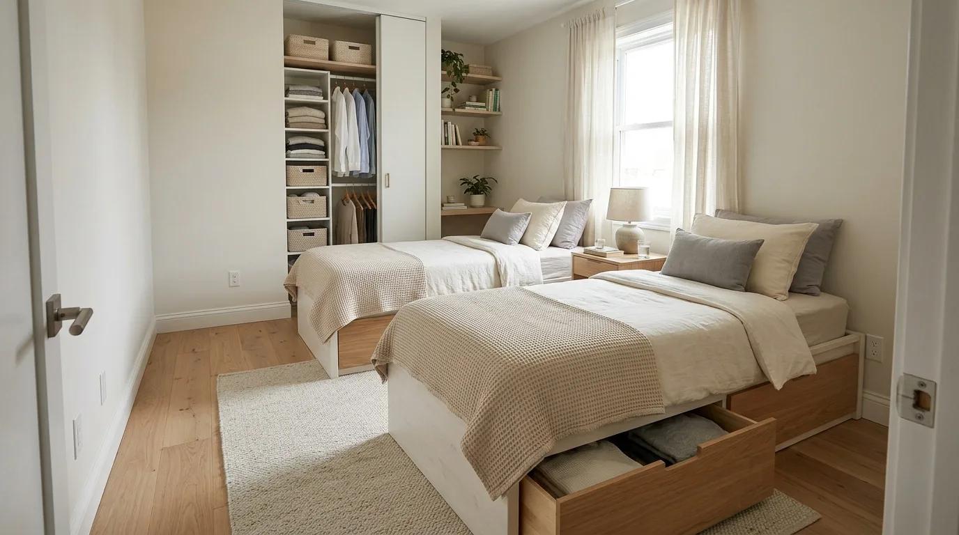 Small shared bedroom combining raised bed, study nook, and second bed