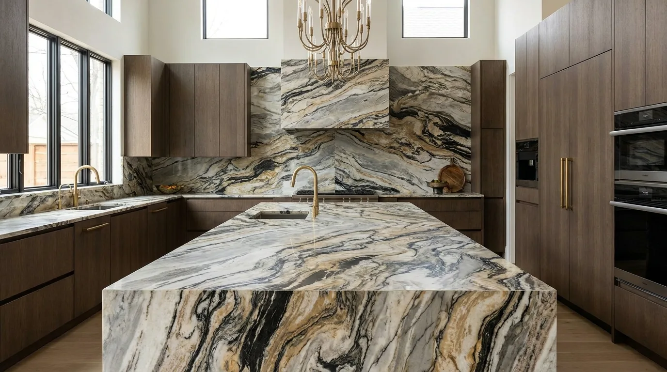 Minimalist kitchen with an integrated sink and matching slab