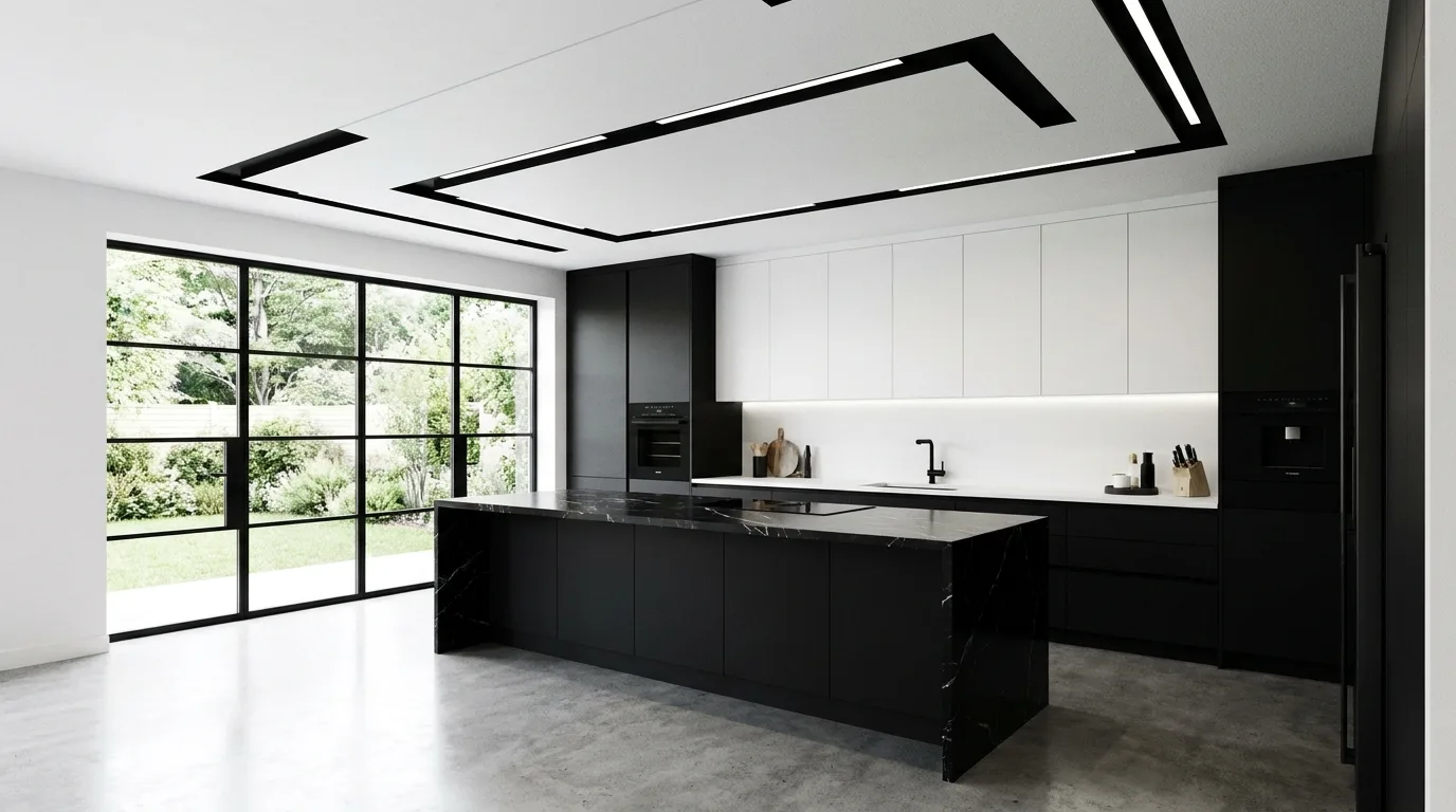 Modern kitchen false ceiling designed around a statement pendant