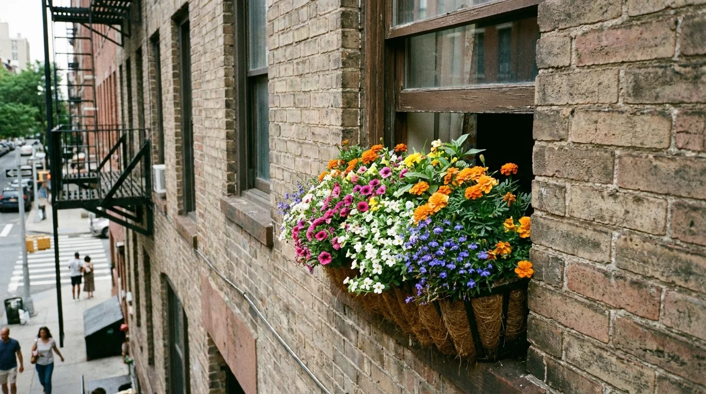 Spring window box filled with tulips, daffodils, and pansies