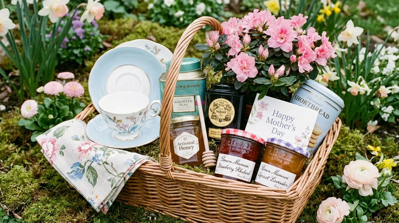 Personalized pampering basket with beauty products, candle, sleep mask, family photo, and note