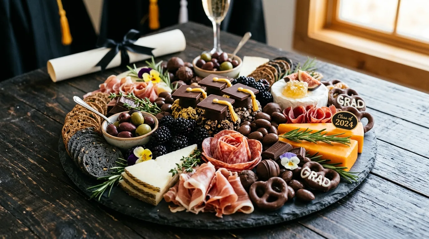 Elegant black, white, and gold graduation charcuterie board with cheese, fruit, chocolate, and gold accents