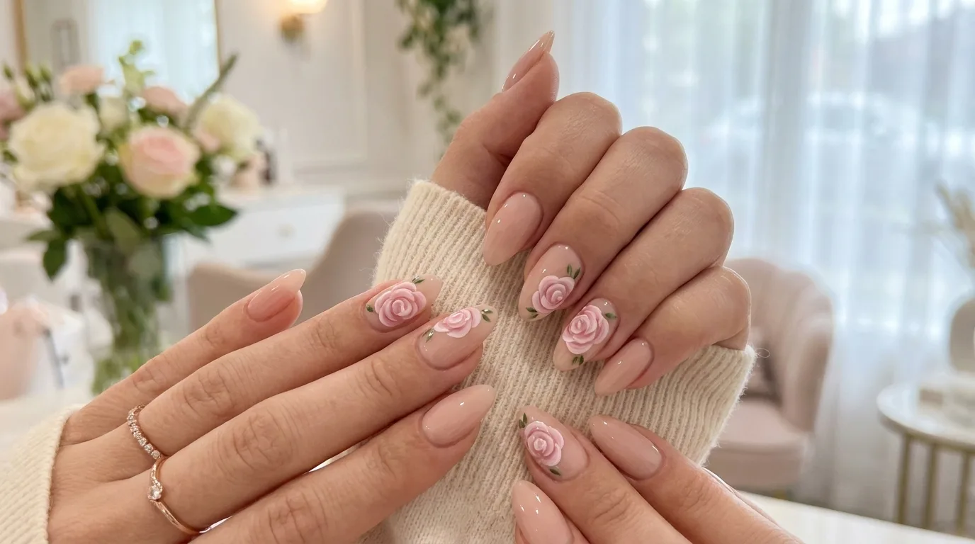 Soft lavender floral nails with tiny purple blossoms
