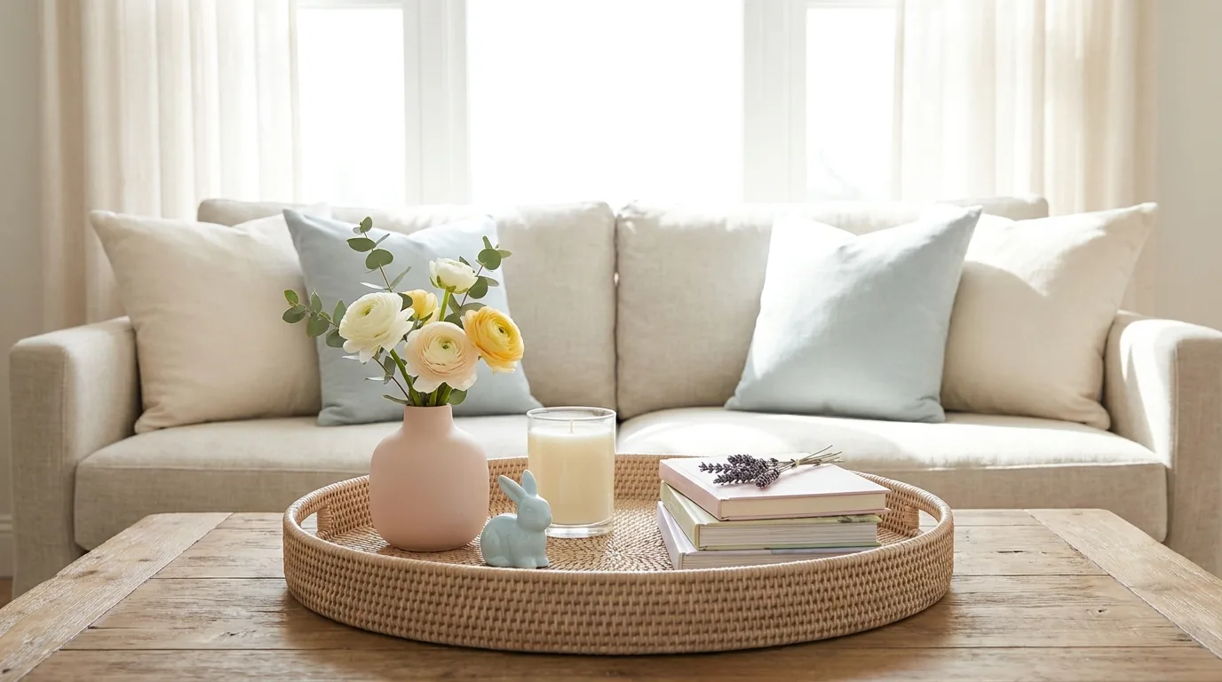 Spring entryway tray with flowers, candle, and a practical key bowl