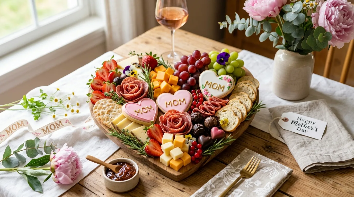 Mother’s Day tea party charcuterie board with scones, sandwiches, fruit, and sweets