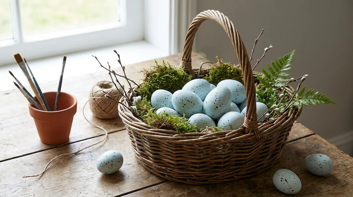 Bright rainbow-striped Easter eggs in a festive basket