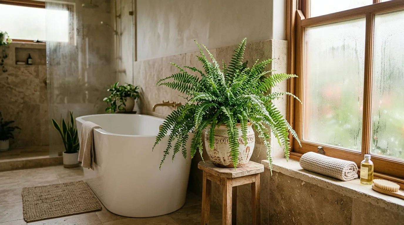 Leafy bathroom plant displayed on a narrow wooden plant stand