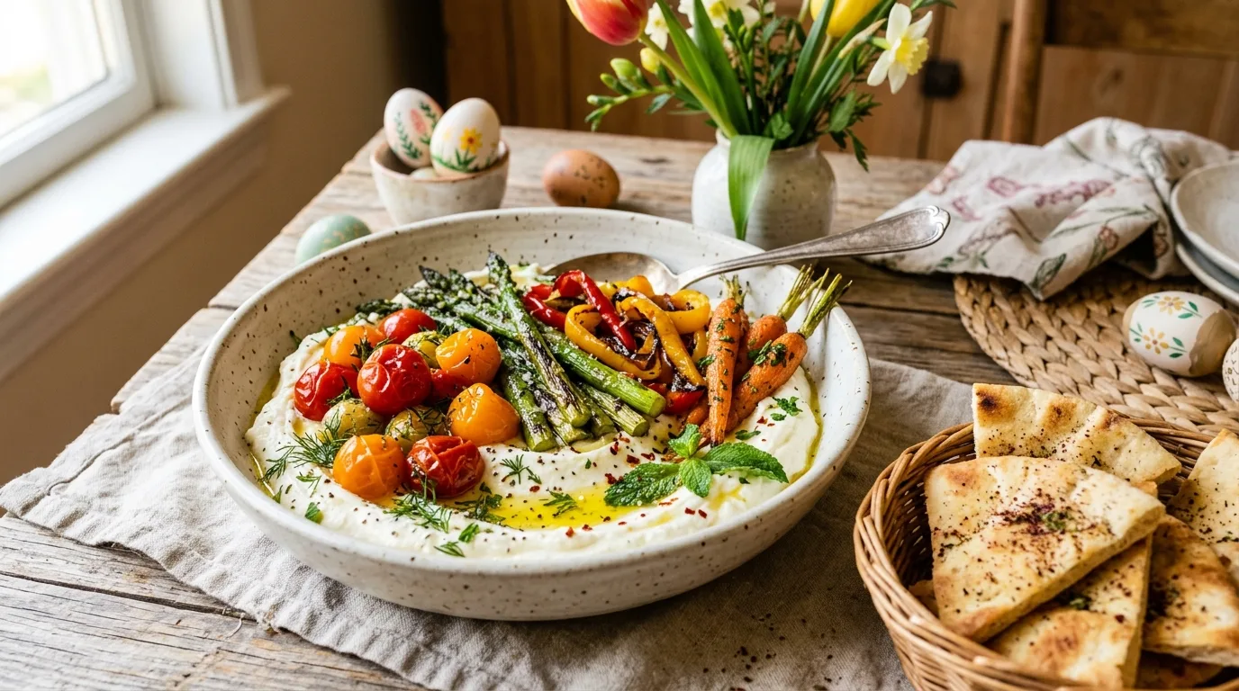 Whipped feta topped with roasted spring vegetables and fresh herbs