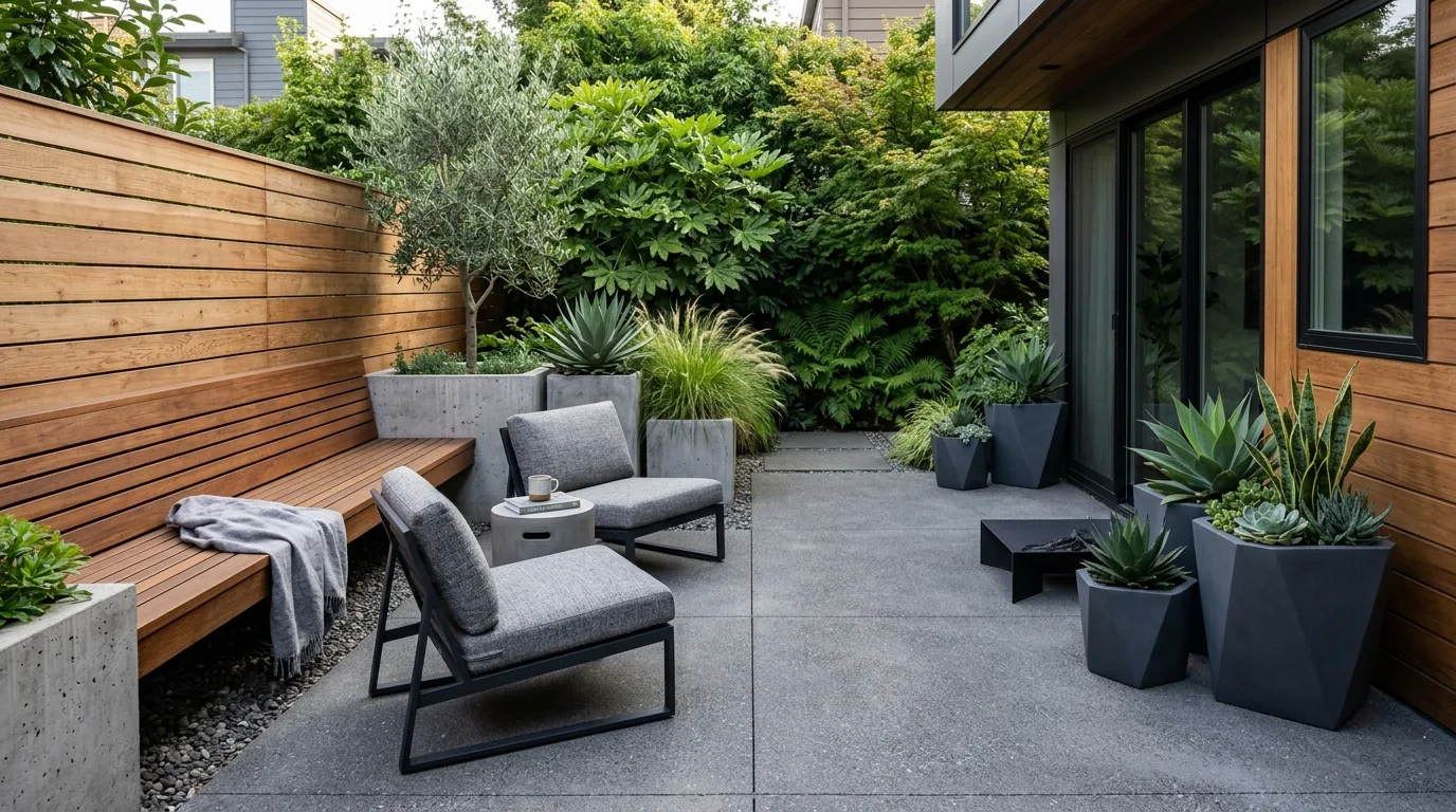 Small patio with compact wall water fountain, lounge chairs, stone accents, and potted plants