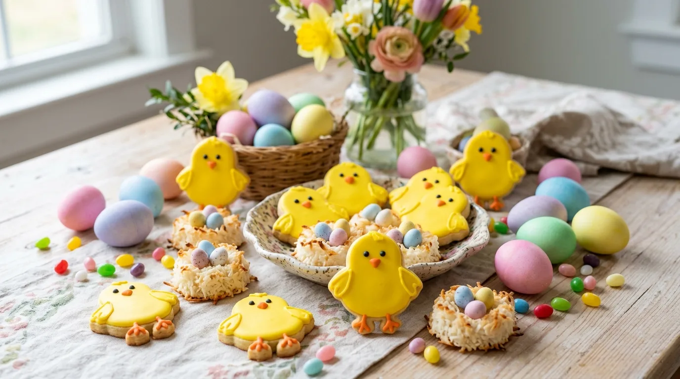 Pastel macaron-style Easter sandwich cookies in soft spring colors
