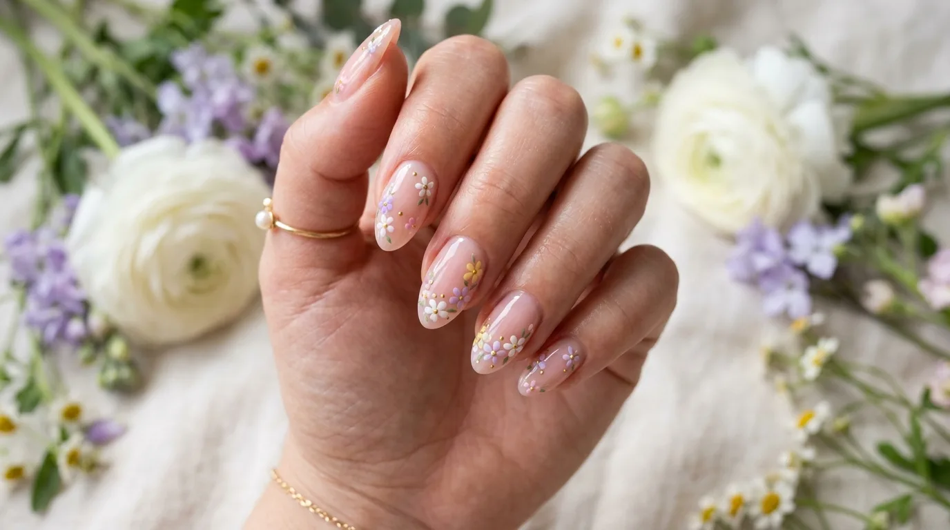 Pearly chrome spring nails with a glazed finish