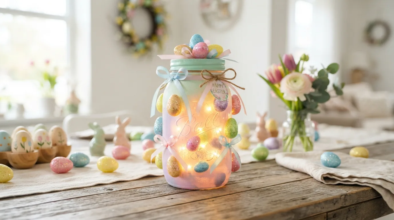 Mini Mason jar Easter gifts filled with treats and decorated with ribbons