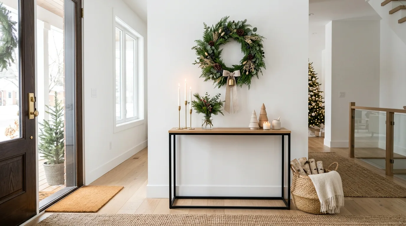 Modern Christmas entryway with a natural wreath, greenery, candles, and woven basket