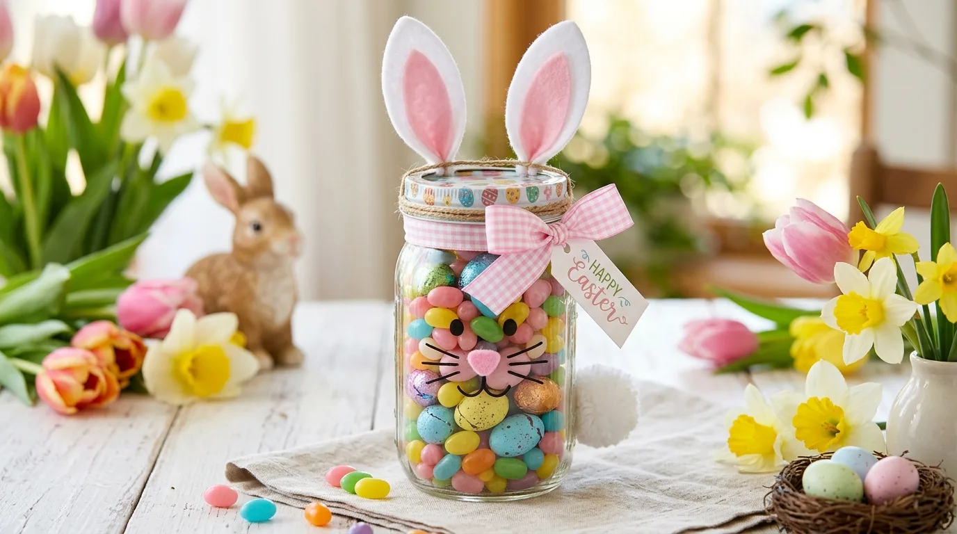 Easter treat jar gift filled with chocolates and cookies, decorated with ribbon and a gift tag.