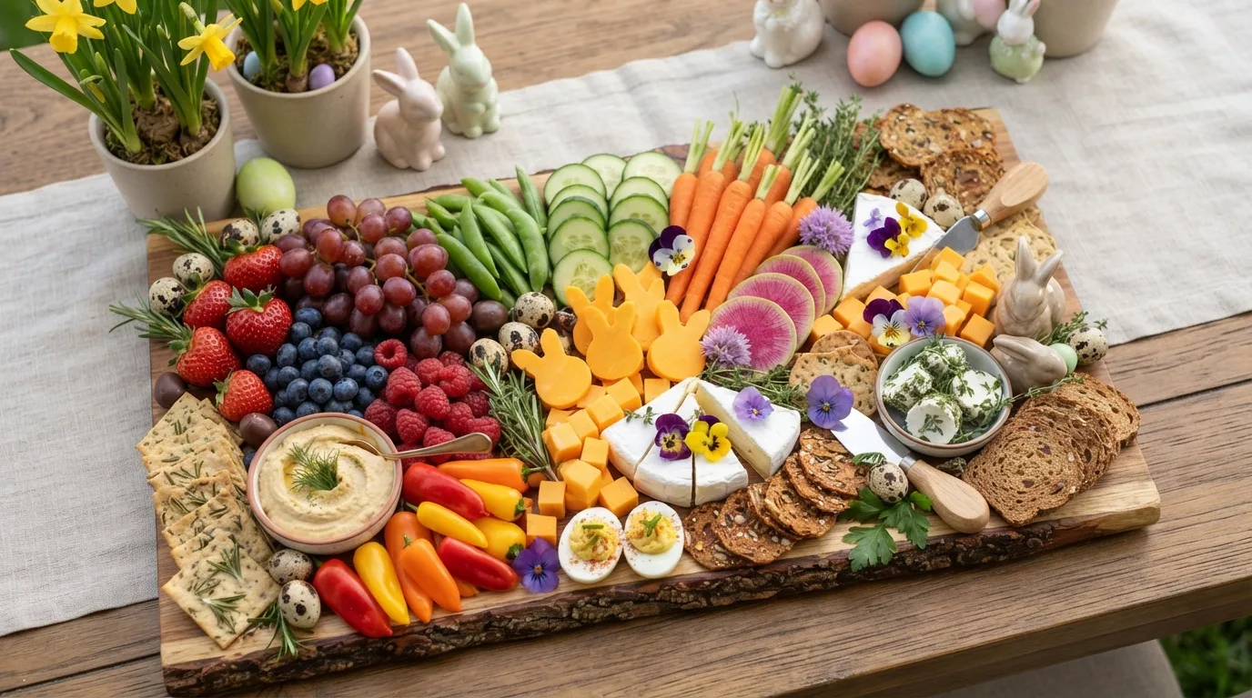 Fresh fruit Easter charcuterie board with colorful berries and tropical fruit