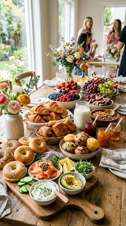 Kids' party grazing table with sandwiches, cheese, fruit, vegetables, popcorn, and treats