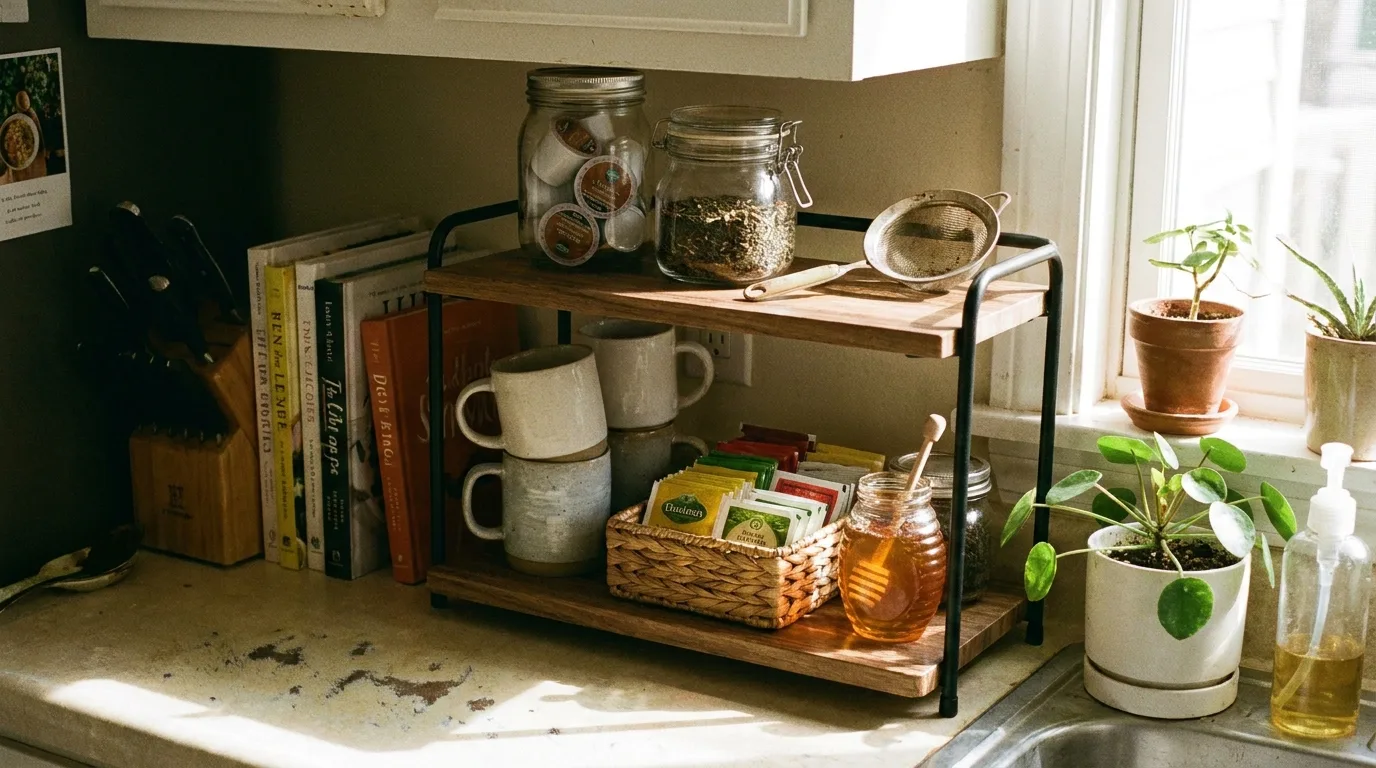 Tiered tray coffee pod organizer beside a compact pod coffee machine