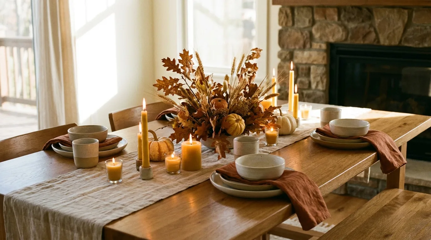Open kitchen shelves decorated with subtle fall accents and natural textures