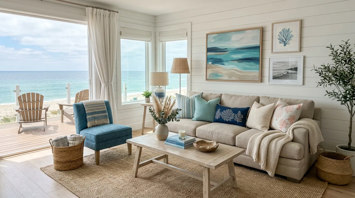 Coastal living room with a statement woven rattan pendant light