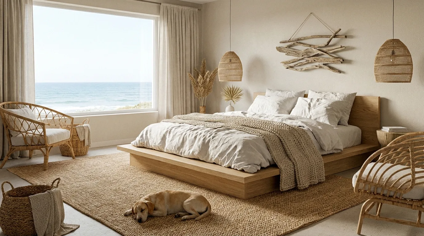Relaxed coastal bedroom with subtle blue and cream striped accents