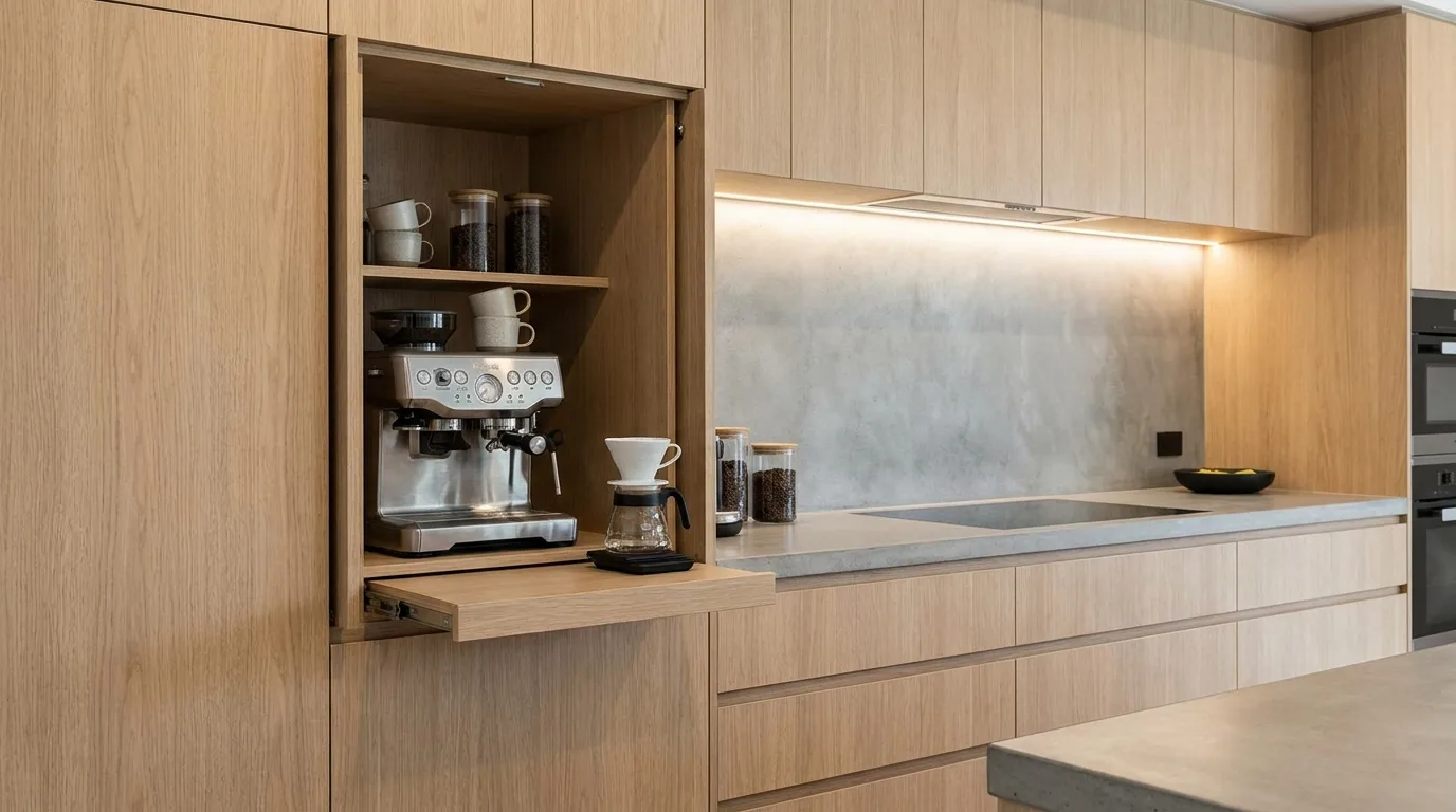 Hidden kitchen coffee station inside cabinetry with neatly organized coffee supplies