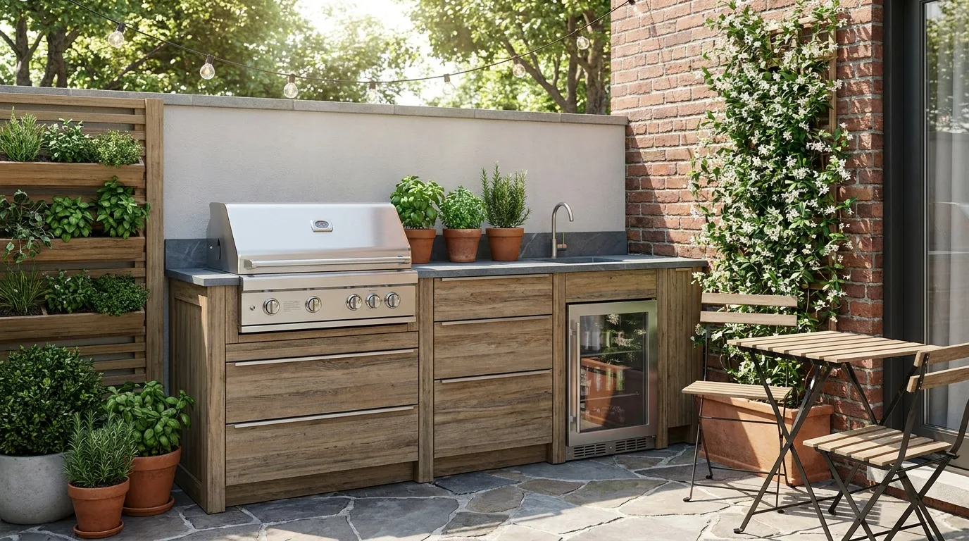 Functional outdoor kitchen with sink, grill, preparation counter, and storage