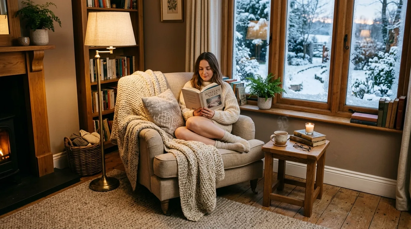 Cozy winter reading corner with armchair, books, throw, and lamp
