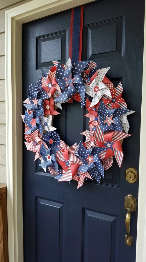 Red white and blue faux flower wreath for a summer door