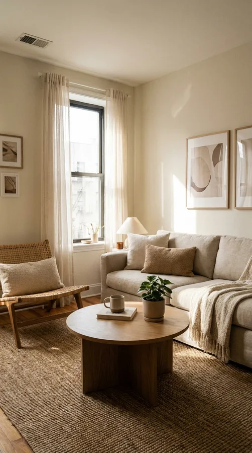 Natural wood, rattan, and woven textures in an apartment living room