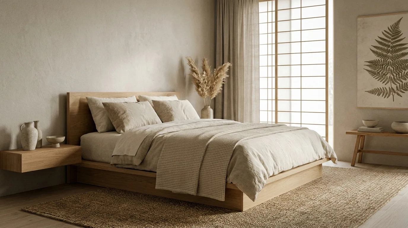 Minimalist bedroom reading corner with a cream chair, side table, and floor lamp