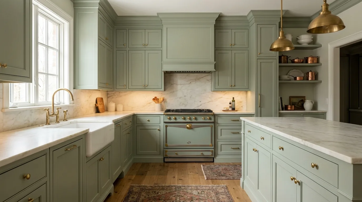Sage green kitchen with elegant white marble-look countertops
