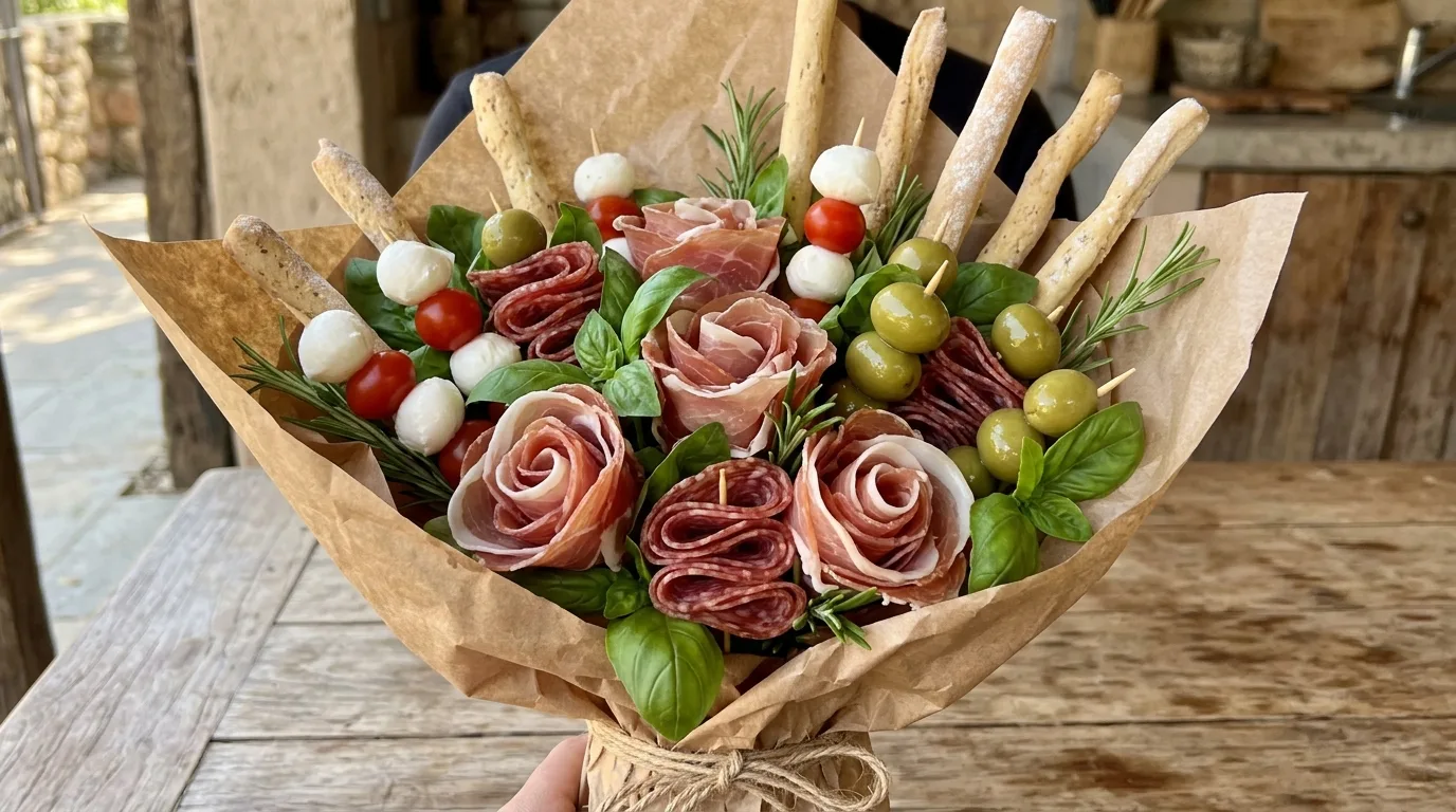 Rustic farmhouse charcuterie bouquet with cured meat, cheese, fruit, and herbs