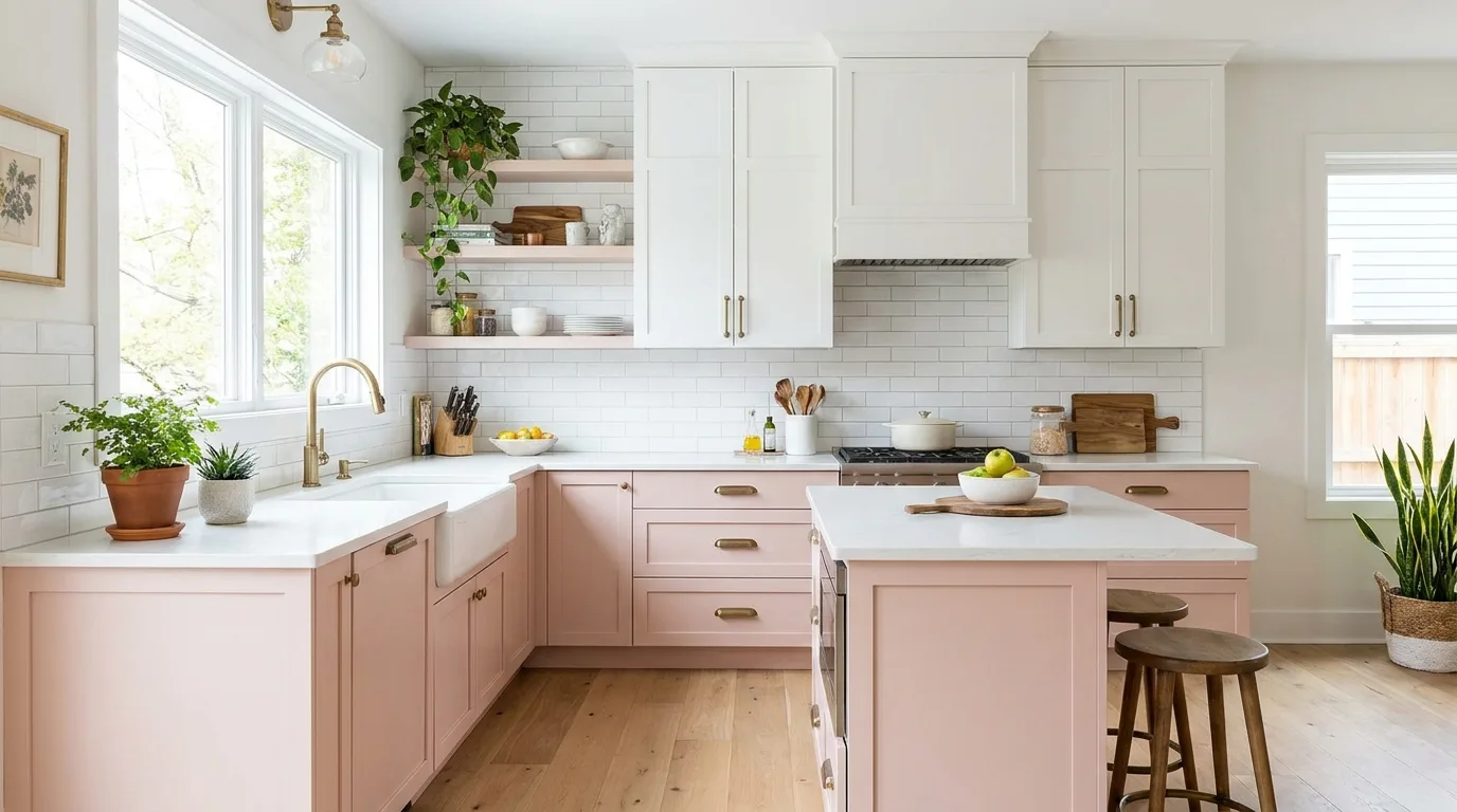 Dusty pink kitchen with white marble-look countertops