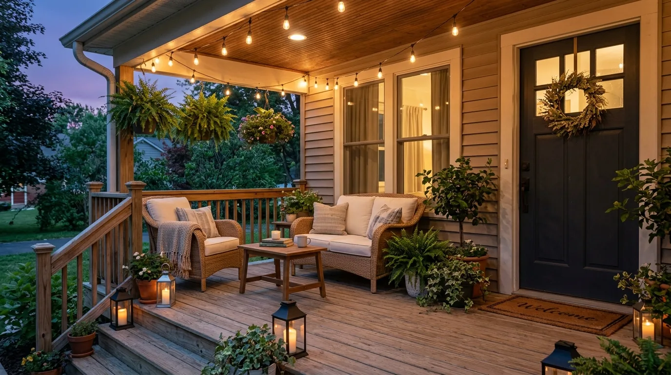 Weather-resistant bench on a narrow summer porch