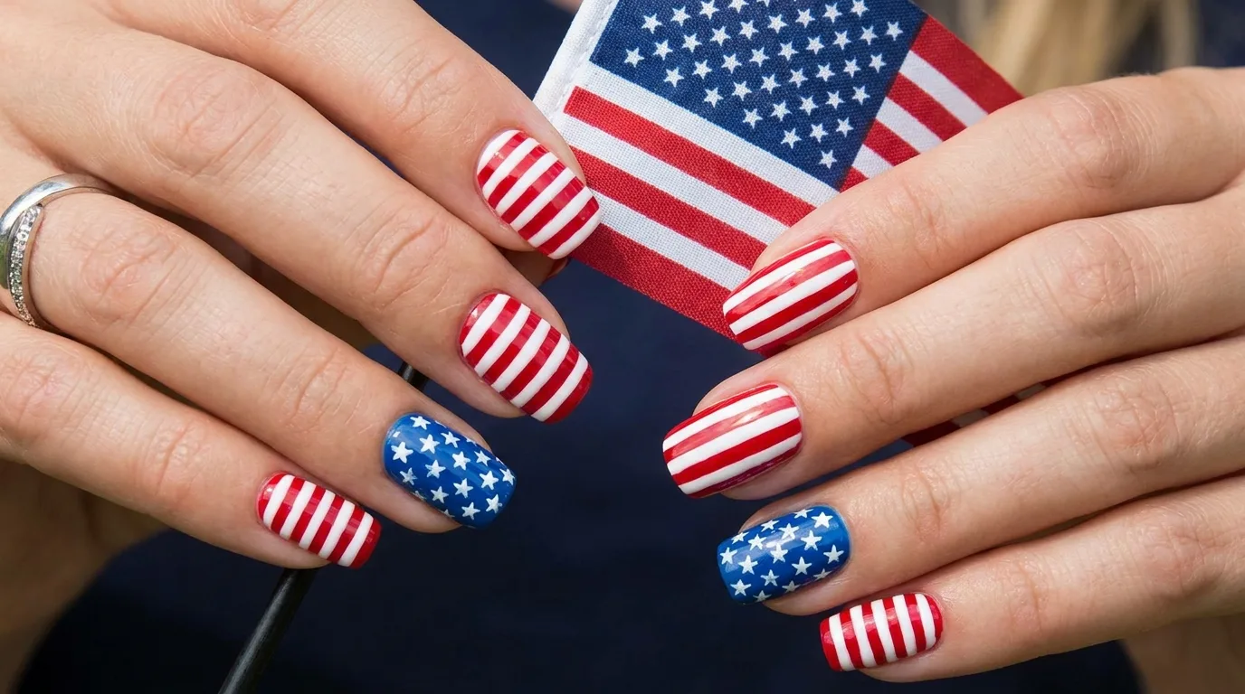 Red white and blue chrome nails