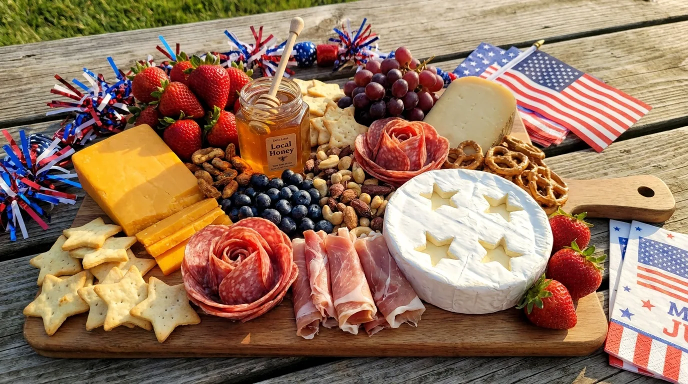 Kid-friendly red, white, and blue 4th of July snack board