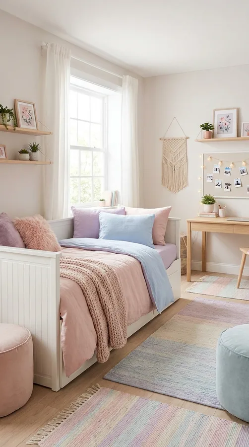 Teen bedroom featuring a colorful accent wall behind the bed and simple decor