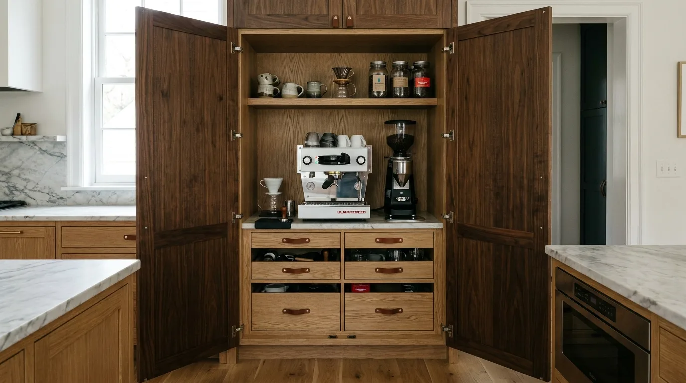 Pegboard coffee station organizing mugs, jars, shelves, hooks, and brewing accessories