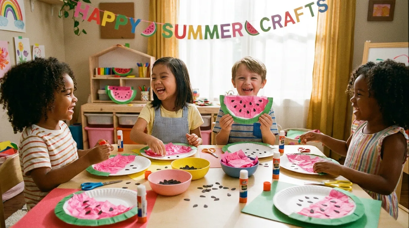 Kids making colorful summer art with sponge stamps