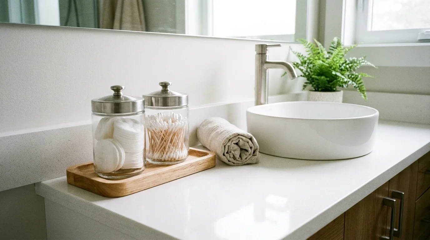 Symmetrical accessories create an orderly double bathroom vanity