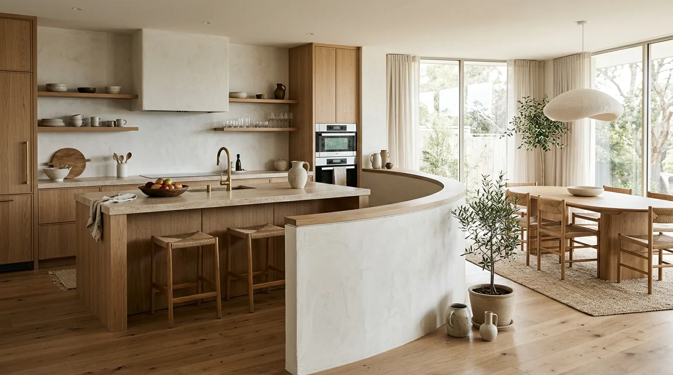 Open-plan kitchen with a curved partition wall